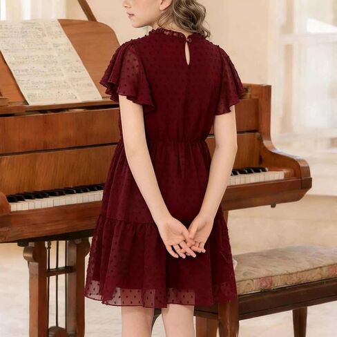 Girls Swiss Dot Chiffon Dress Flutter Sleeve V Neck Tiered Ruffle Hem Flowy Midi Dresses Summer Party Outfit in Saudi Arabia