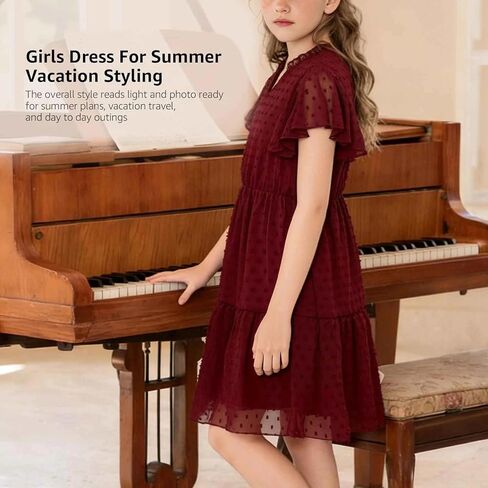Girls Swiss Dot Chiffon Dress Flutter Sleeve V Neck Tiered Ruffle Hem Flowy Midi Dresses Summer Party Outfit in Saudi Arabia