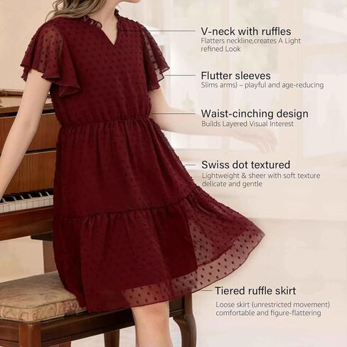 Girls Swiss Dot Chiffon Dress Flutter Sleeve V Neck Tiered Ruffle Hem Flowy Midi Dresses Summer Party Outfit in Saudi Arabia
