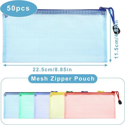 50 Pack Plastic Mesh Zipper Pouch, 5 Colors (8.85 x 4.52 inches) Plastic Zipper Pouches for Organizing Documents, Cosmetics, Office Supplies and Travel Storage Essentials in Saudi Arabia