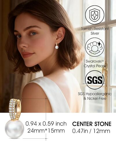 12MM Sterling Silver Pearl Earrings, Created with Swarovski® Pearls, 14K Gold Plated Hoop, Jewelry Gift Anniversary, Birthday, Valentine’s Day Wedding Something New in Saudi Arabia