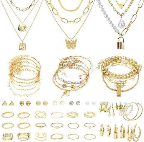 NEWITIN 93 Pieces Gold Jewelry Set for Women Fashion Costume Jewelry Gold Plated Necklace Bracelet Ring Gold Earrings Set for Women in Kuwait