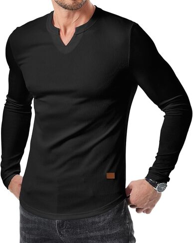 Mens Long Sleeve Muscle T Shirts Casual V-Neck Longline Ribbed Tee Shirts in Saudi Arabia