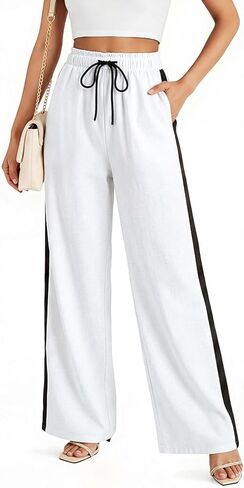 smawell Women's Linen Casual Pants Summer Wide Leg Beach Trousers for Women Elastic Waist in Saudi Arabia