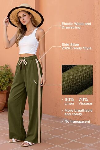 smawell Women's Linen Casual Pants Summer Wide Leg Beach Trousers for Women Elastic Waist in Saudi Arabia