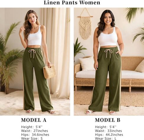 smawell Women's Linen Casual Pants Summer Wide Leg Beach Trousers for Women Elastic Waist in Saudi Arabia