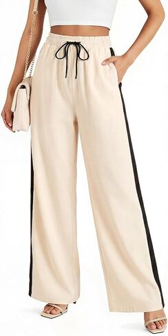 smawell Women's Linen Casual Pants Summer Wide Leg Beach Trousers for Women Elastic Waist in Saudi Arabia