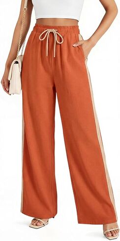 smawell Women's Linen Casual Pants Summer Wide Leg Beach Trousers for Women Elastic Waist in Saudi Arabia