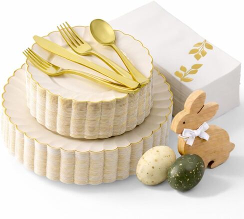 By Madee HEAVYWEIGHT 175 PCS Ivory Scalloped Plastic Plates with Gold Trim | High End Disposable Plates, Cutlery & Metallic Stamped Napkins | Elegant Disposable Dinnerware Set (25 Guests) in Saudi Arabia