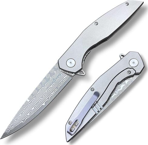 سكين جيب دمشقي قابل للطي من TACTICAL GEARZ EDC، مقبض من التيتانيوم الصلب، 67 شفرة VG10 من الفولاذ الدمشقي متعددة الطبقات (Volan XT) in Kuwait