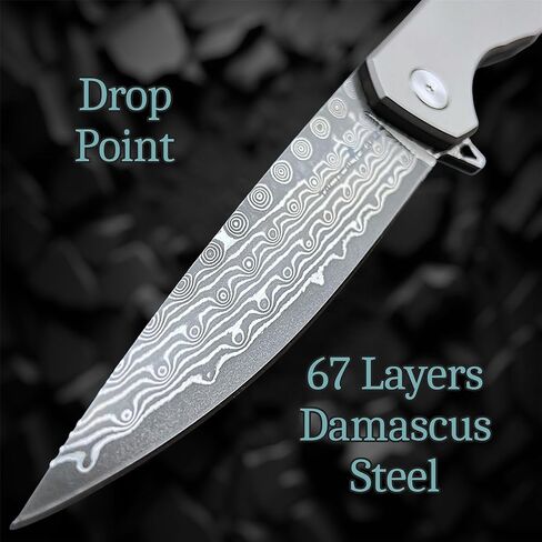 سكين جيب دمشقي قابل للطي من TACTICAL GEARZ EDC، مقبض من التيتانيوم الصلب، 67 شفرة VG10 من الفولاذ الدمشقي متعددة الطبقات (Volan XT) in Kuwait