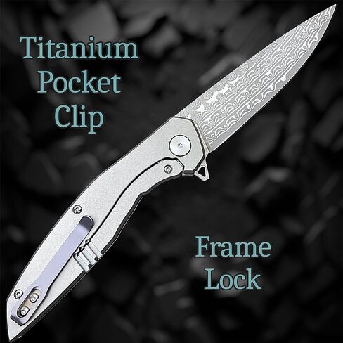 سكين جيب دمشقي قابل للطي من TACTICAL GEARZ EDC، مقبض من التيتانيوم الصلب، 67 شفرة VG10 من الفولاذ الدمشقي متعددة الطبقات (Volan XT) in Kuwait