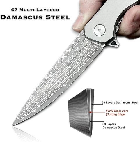سكين جيب دمشقي قابل للطي من TACTICAL GEARZ EDC، مقبض من التيتانيوم الصلب، 67 شفرة VG10 من الفولاذ الدمشقي متعددة الطبقات (Volan XT) in Kuwait