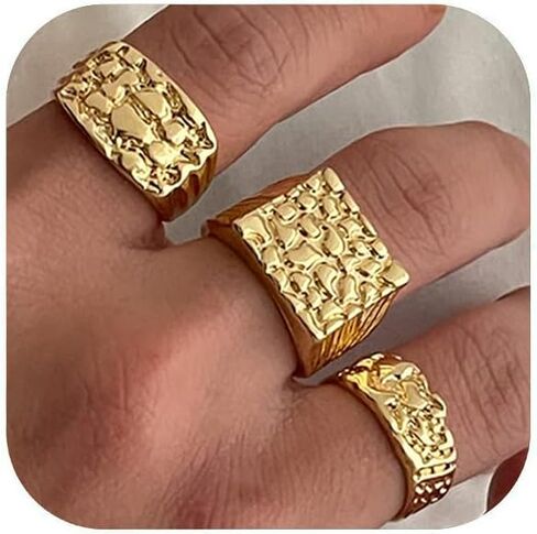 3Pcs Gold Chunky Rings for Men Punk Stackable Finger Knuckle Rings Set Hip Hop Harmmered Texture Statement Trendy Simple Jewelry in Kuwait