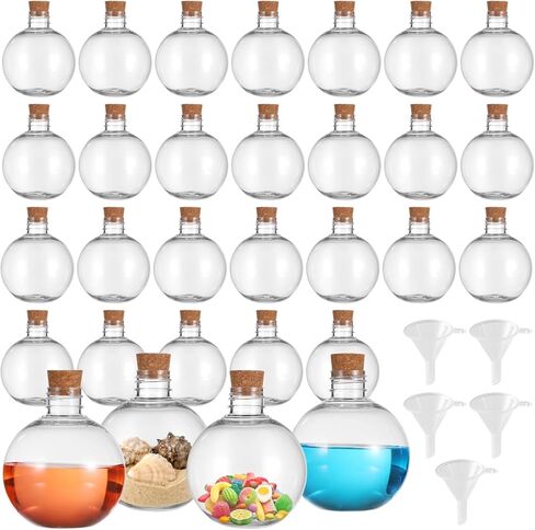 Homaisson 30 Pcs Plastic Bottles with Corks, 6.8oz/200ml Ball-Shaped Craft Vessels - Clear Spherical Containers with Funnels, Mini Potion Jars for Liquid Storage & DIY Keepsakes in Saudi Arabia