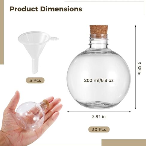 Homaisson 30 Pcs Plastic Bottles with Corks, 6.8oz/200ml Ball-Shaped Craft Vessels - Clear Spherical Containers with Funnels, Mini Potion Jars for Liquid Storage & DIY Keepsakes in Saudi Arabia