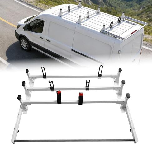 رف سقف سلم فان مقاس 54 بوصة مناسب لـ 2015-2024 فورد ترانزيت 150 250 350 رف سقف من الصلب شديد التحمل مع بكرة خلفية 3 أشرطة متقاطعة سعة 800 رطل in Kuwait