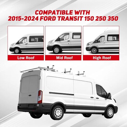رف سقف سلم فان مقاس 54 بوصة مناسب لـ 2015-2024 فورد ترانزيت 150 250 350 رف سقف من الصلب شديد التحمل مع بكرة خلفية 3 أشرطة متقاطعة سعة 800 رطل in Kuwait