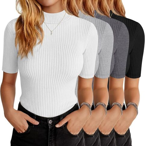 Huukeay 4 Pack 1/2 Half Sleeve Mock Turtleneck Tops for Women, Ribbed Knit Fitted T-Shirts Mock Neck Business Casual Slim Tee in Kuwait