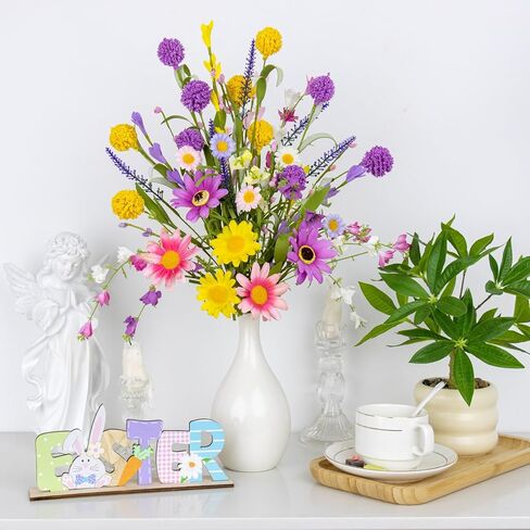 FloralElegance زهور الربيع الاصطناعية 12 حزمة زهور الربيع يختار 17 بوصة زهرة ينبع مع الوردي الأرجواني الأصفر ديزي الهندباء نفث للمزهريات المركزية ترتيبات زهرة عيد الفصح الصيف in Kuwait