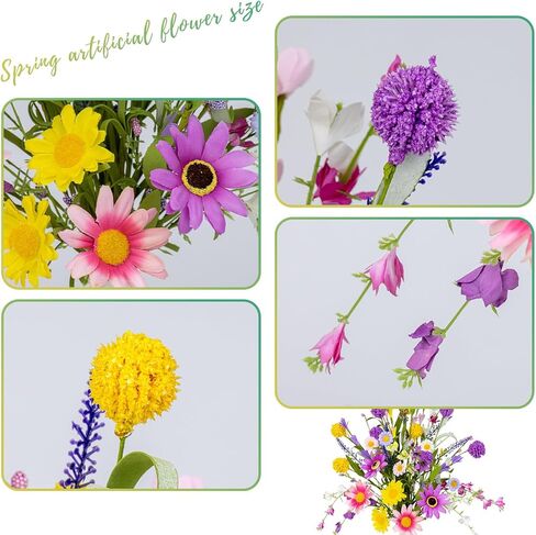 FloralElegance زهور الربيع الاصطناعية 12 حزمة زهور الربيع يختار 17 بوصة زهرة ينبع مع الوردي الأرجواني الأصفر ديزي الهندباء نفث للمزهريات المركزية ترتيبات زهرة عيد الفصح الصيف in Kuwait