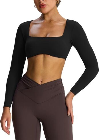 Aoxjox Women's Long Sleeve Crop Tops Workout Skylar Squareneck Curved Hem Buttery Soft PlushFlex™ Cropped T Shirt Top in Saudi Arabia