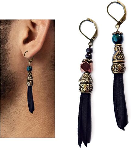 حلق عين النمر من الجلد الأسود والأزرق للرجال مجموعة من قطعتين - برونزي معدني هيماتيت نمط قرصان فردي - حلق رجالي متدلي فاسق فردي - نمط هيبي للرجال in Kuwait