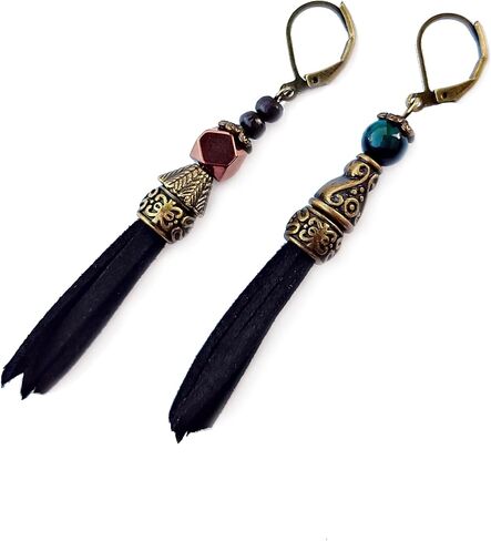 حلق عين النمر من الجلد الأسود والأزرق للرجال مجموعة من قطعتين - برونزي معدني هيماتيت نمط قرصان فردي - حلق رجالي متدلي فاسق فردي - نمط هيبي للرجال in Kuwait