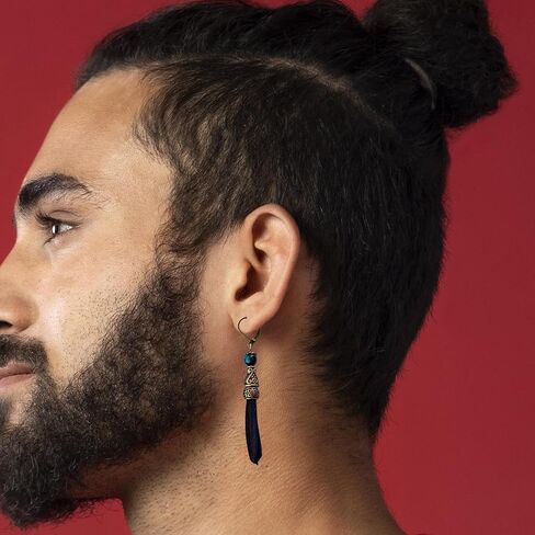 حلق عين النمر من الجلد الأسود والأزرق للرجال مجموعة من قطعتين - برونزي معدني هيماتيت نمط قرصان فردي - حلق رجالي متدلي فاسق فردي - نمط هيبي للرجال in Kuwait