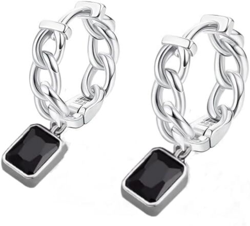 Mens Hoop Earrings 925 Sterling Silver Curb Chain Huggie Earrings for Men Teens Punk Black CZ Dangle Earring Gift for Him Unisex Jewelry in Saudi Arabia