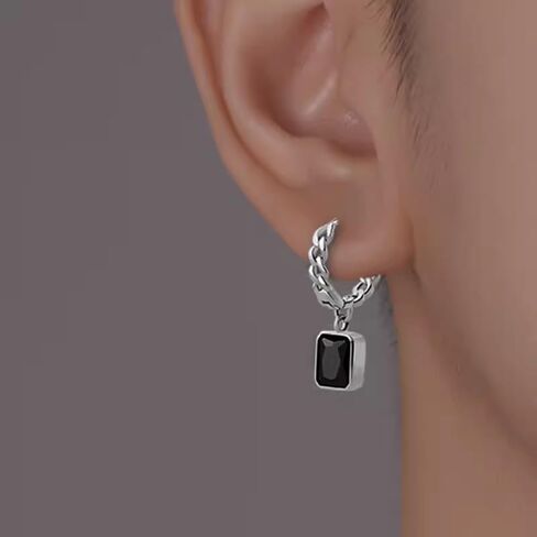 Mens Hoop Earrings 925 Sterling Silver Curb Chain Huggie Earrings for Men Teens Punk Black CZ Dangle Earring Gift for Him Unisex Jewelry in Saudi Arabia