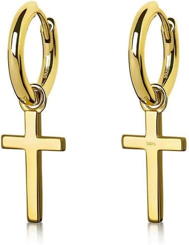 Solid Yellow Gold Plated 925 Sterling Silver Drop Dangle Cross Huggie Hoop Earrings Trendy Hypoallergenic Lightweight.15mm Huggie Hoops Dangling Cross Earrings for Men in Kuwait