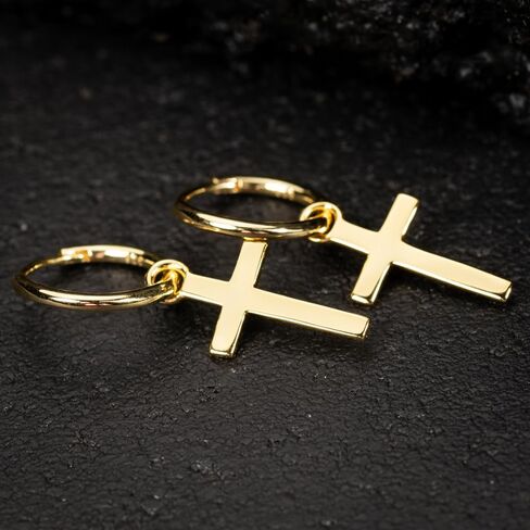 Solid Yellow Gold Plated 925 Sterling Silver Drop Dangle Cross Huggie Hoop Earrings Trendy Hypoallergenic Lightweight.15mm Huggie Hoops Dangling Cross Earrings for Men in Kuwait