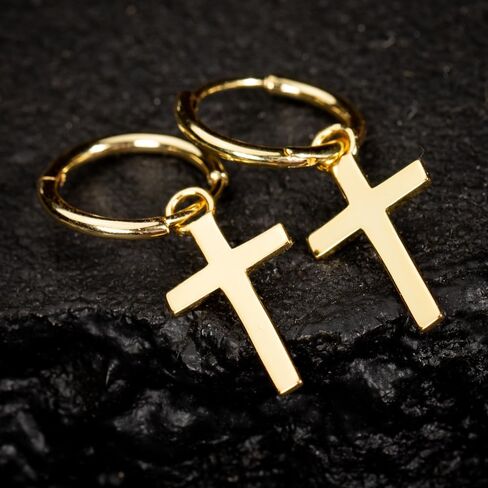 Solid Yellow Gold Plated 925 Sterling Silver Drop Dangle Cross Huggie Hoop Earrings Trendy Hypoallergenic Lightweight.15mm Huggie Hoops Dangling Cross Earrings for Men in Kuwait