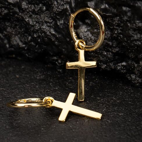 Solid Yellow Gold Plated 925 Sterling Silver Drop Dangle Cross Huggie Hoop Earrings Trendy Hypoallergenic Lightweight.15mm Huggie Hoops Dangling Cross Earrings for Men in Kuwait