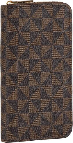 Triangle Print Wallet, Zippered PU Leather Credit Card and Cash Holder, Cellphone Purse, Brown and Coffee Plaid in Kuwait