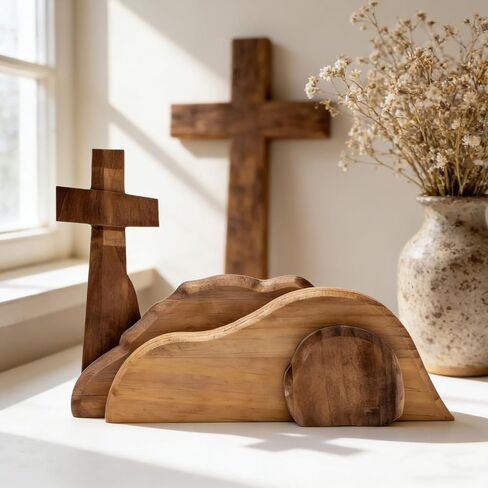 ديكور خشبي لعيد الفصح، مشهد القيامة المتقاطع، ديكور خشبي على الطاولة، تمثال ديكور ديني للمنزل والمكتب وطاولة الربيع وديكورات العطلات الدينية وعلامات عيد الفصح in Kuwait