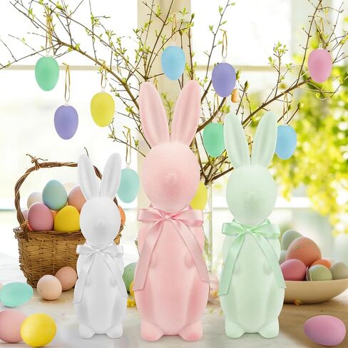 Easter Bunny Decor Set - 3 Pack Pastel Flocked Bunny(10", 13", 15"),12 Plastic Easter Eggs & Green Grass, Spring Table Centerpiece Decor for Indoor Home Party Decor in Kuwait