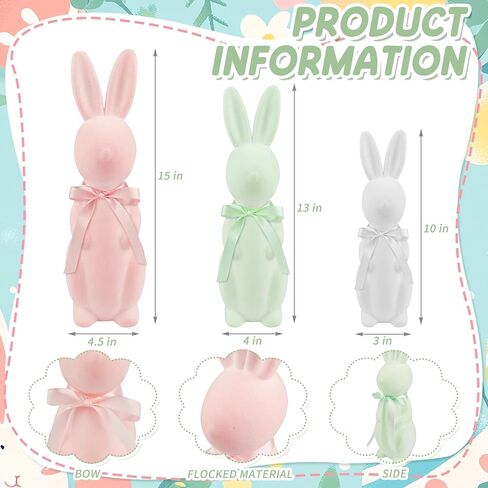 Easter Bunny Decor Set - 3 Pack Pastel Flocked Bunny(10", 13", 15"),12 Plastic Easter Eggs & Green Grass, Spring Table Centerpiece Decor for Indoor Home Party Decor in Kuwait