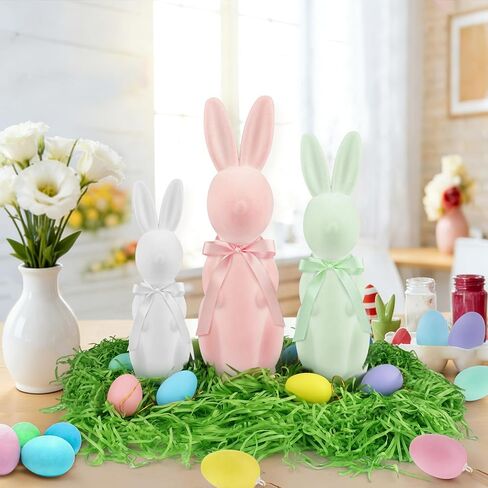 Easter Bunny Decor Set - 3 Pack Pastel Flocked Bunny(10", 13", 15"),12 Plastic Easter Eggs & Green Grass, Spring Table Centerpiece Decor for Indoor Home Party Decor in Kuwait