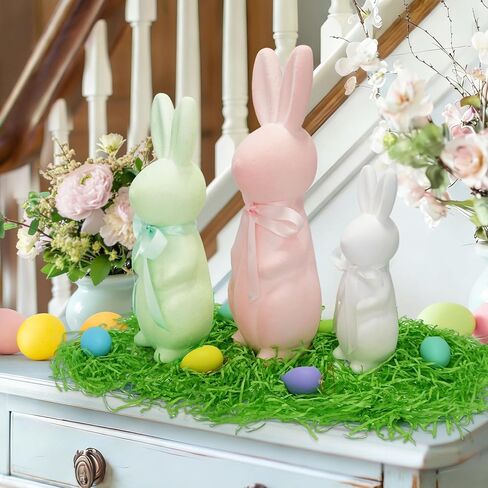 Easter Bunny Decor Set - 3 Pack Pastel Flocked Bunny(10", 13", 15"),12 Plastic Easter Eggs & Green Grass, Spring Table Centerpiece Decor for Indoor Home Party Decor in Kuwait
