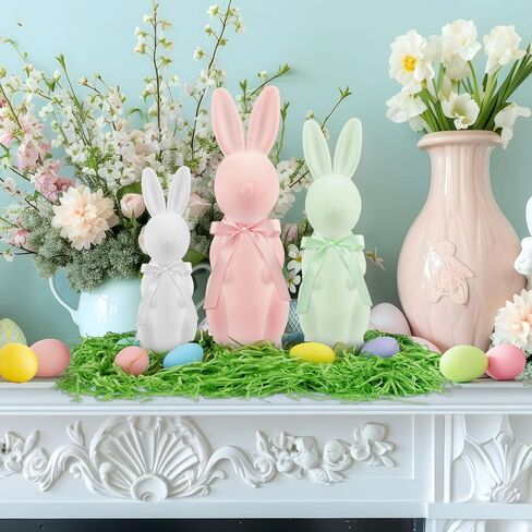 Easter Bunny Decor Set - 3 Pack Pastel Flocked Bunny(10", 13", 15"),12 Plastic Easter Eggs & Green Grass, Spring Table Centerpiece Decor for Indoor Home Party Decor in Kuwait
