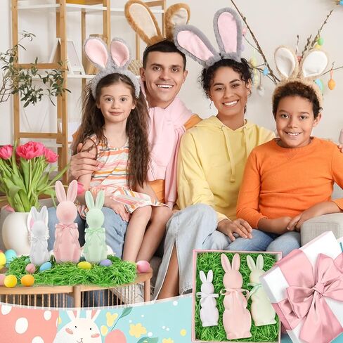 Easter Bunny Decor Set - 3 Pack Pastel Flocked Bunny(10", 13", 15"),12 Plastic Easter Eggs & Green Grass, Spring Table Centerpiece Decor for Indoor Home Party Decor in Kuwait