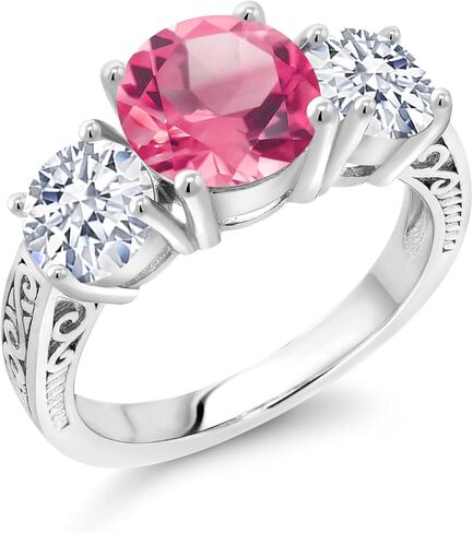 Gem Stone King 5.00 Cttw Pink Mystic Topaz 3-Stone Engagement Ring For Women | 925 Sterling Silver | Round 8MM and 6MM | 3 Stone Wedding Engagement Anniversary Promise Ring For Women in Saudi Arabia