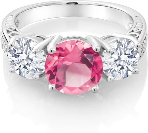 Gem Stone King 5.00 Cttw Pink Mystic Topaz 3-Stone Engagement Ring For Women | 925 Sterling Silver | Round 8MM and 6MM | 3 Stone Wedding Engagement Anniversary Promise Ring For Women in Saudi Arabia