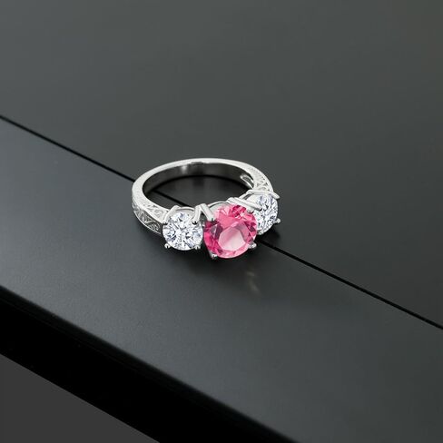Gem Stone King 5.00 Cttw Pink Mystic Topaz 3-Stone Engagement Ring For Women | 925 Sterling Silver | Round 8MM and 6MM | 3 Stone Wedding Engagement Anniversary Promise Ring For Women in Saudi Arabia