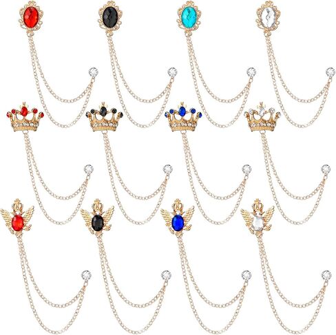 12pcs Men's Suit Brooch Lapel Pins with Chains-crown & Wing Style Collar Clips for Formal Wear Decoration in Saudi Arabia