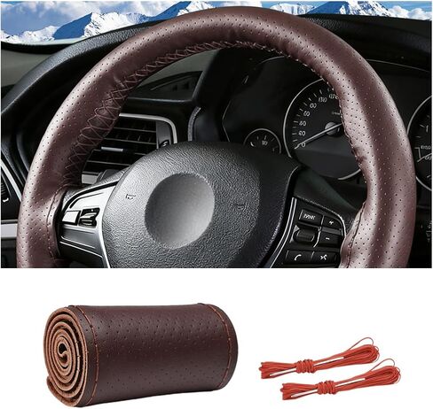 Genuine Leather Car Steering Wheel Cover, DIY Sewing Stitch on Wrap Auto Wheel Cover with Needle Thread, Breathable Anti-Slip Vehicle Steering Stitching Protector, Universal Fit (Black) in Saudi Arabia