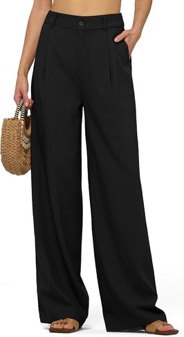 سروال كتان نسائي واسع الساق أنيق كاجوال للشاطئ سروال كتان صيفي بجيوب 29 بوصة 31 بوصة in Kuwait