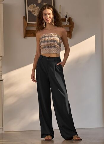 سروال كتان نسائي واسع الساق أنيق كاجوال للشاطئ سروال كتان صيفي بجيوب 29 بوصة 31 بوصة in Kuwait